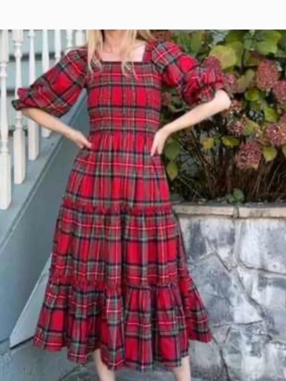 Ivy City Red Plaid Tiered Midi Dress Puff Sleeves holiday christmas m medium